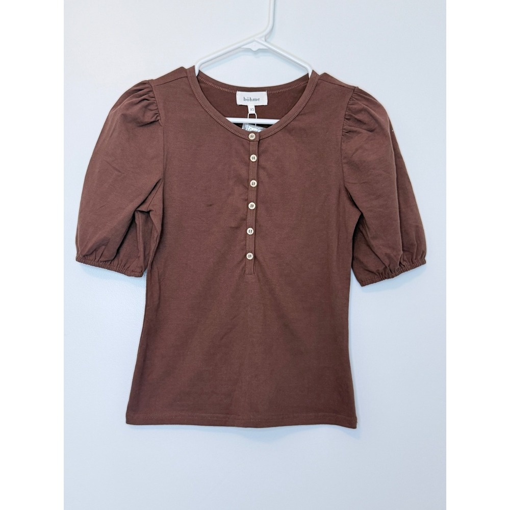 Bohme Brown Puff Sleeve Henley Top XS New With Tags